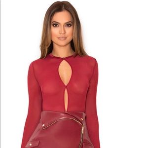 SIGNE BURGUNDY SEMI SHEER MESH KEYHOLE BODYSUIT